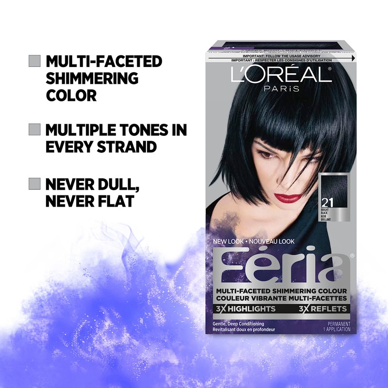 L'Oréal Paris Feria Multi-Faceted Shimmering Permanent Hair Color, 21 Bright Black Cooler, with Aromatic Shimmer Serum, Gentle, Deep Conditioning Hair Color for Women, 1 EA