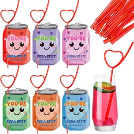 Potchen 36 Sets Valentine‘s Day Gift Valentines Exchange Cards with Red Love Crazy Straws Valentines Day Greeting Cards Colorful Loop Silly Drinking Straws for Party Favors Gifts