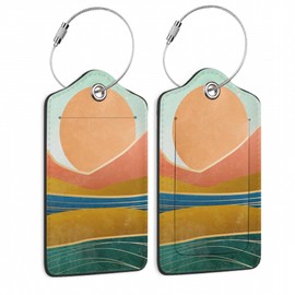 Mountain Luggage Tags Set of 2 Sunset Boho Landscapes Leather Suitcase Tags with Stainless Steel Loop and Privacy Cover for Women Men Travel Luggage Accessories