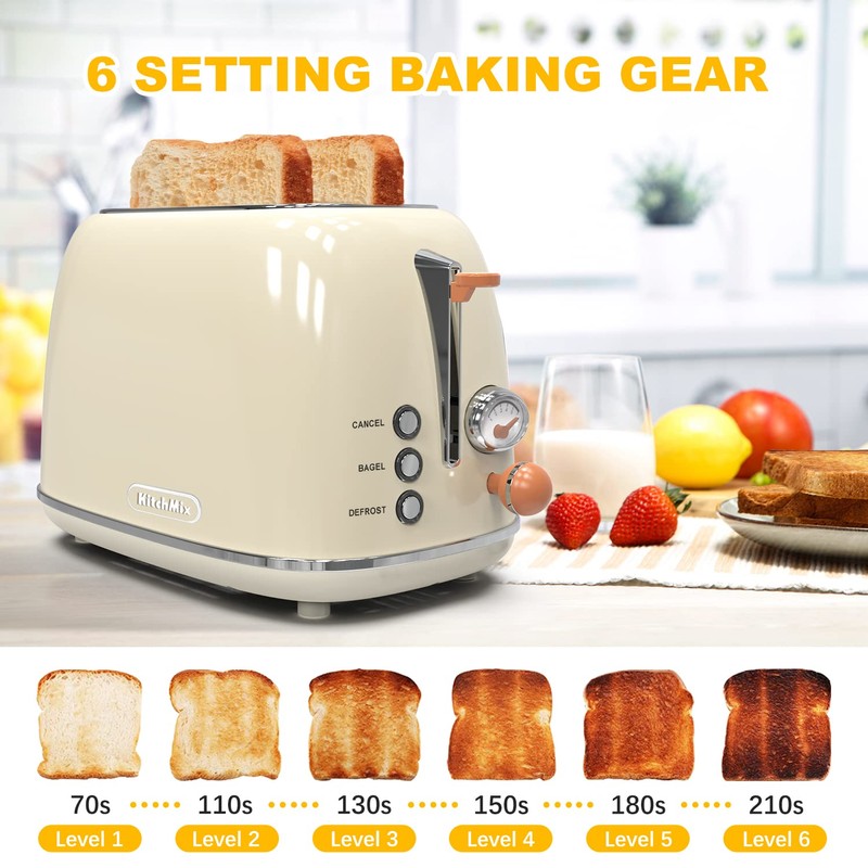 Toaster 2 slice, KitchMix Retro Stainless Steel Toaster with 6