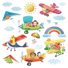 DECOWALL DS4-8026 Animal Biplanes (Small) Kids Wall Stickers Decals Peel and Stick Removable for Nursery Bedroom Living Room Art murals Decorations