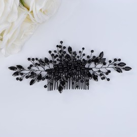 Teyglen Black Crystal Bridal Hair Comb Black Rhinestone Headpiece Handmade Black Pearl Flower Hair Piece Wedding Hair Accessories for Women Party Prom Festival
