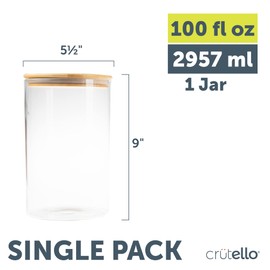 Crutello Glass Food Storage Container with Bamboo Lid - 100 oz Airtight Clear Kitchen Organization Canister