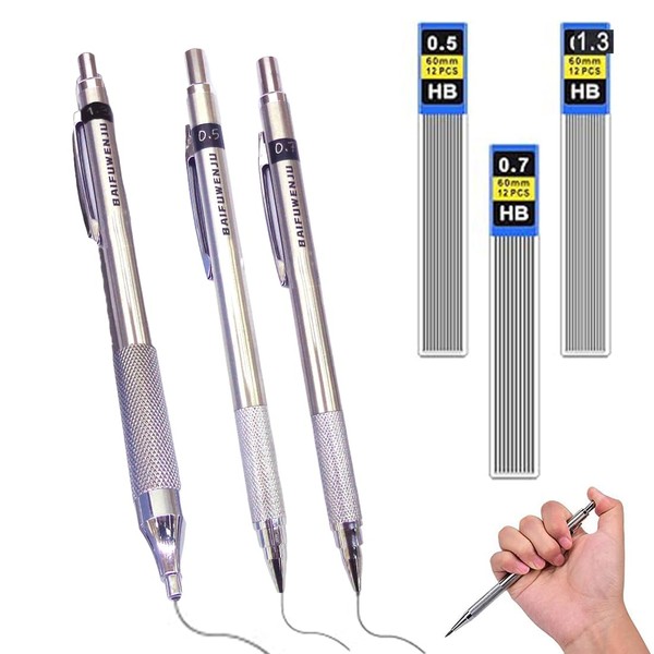 WHYCNJL Pack of 3 Mechanical Pencils 0.5/0.7/1.3 mm with 3