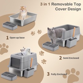 Stainless Steel Cat Litter Box with 110° Flip-Top Lid, XXL Large Enclosed Metal Litter Box for Big Cats with Scoop & Pedal, Removable Lid -Odor Control, Non-Stick Surface, Front Entry Top Exit (Grey)