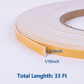 Kikerike Self Adhesive Foam Tape Weatherstrip 1/4in x 1/16in x 33Ft High Density Foam Insulation Strips Seal Weather Stripping with Strong Adhesive for Door and Window Sound Isolation Soundproofing