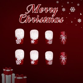 Christmas Press on Nails Medium Square Fake Nails Red Glitter False Nails with Snowflake Designs French Tip Nails Press on Winter Xmas Stick on Nail for Women 24Pcs