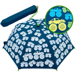 HECKBO children's umbrella Monster Truck Magic for boys girls - changes color when it rains - pocket umbrella - fits in every school bag - stormproof - school enrolment gifts - with wooden handle