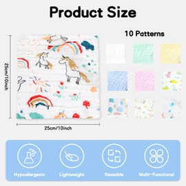 WYTNB 10Pcs Small Baby Muslin Squares, 25x25cm Cotton Burp Cloths, 6 Layers Breathable Newborn Washcloths, Absorbent Swaddle Cloths, Baby Face Body Towel, Facial Cleansing for Kids Boys Girls