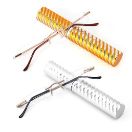 DXYXYO Mini Rimless Reading Glasses for Women Men, 2 Pack Slim Pocket Compact Metal Readers with Small Portable Case +1.75, Silver and Gold