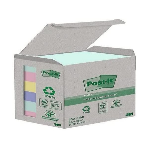 Post-it Recycling Notes Assorted Colours, Pack of 6 Pads, 100 Sheets per Pad, 38 mm x 51 mm, Green, Pink, Yellow, Blue - Self-Stick Notes Made from 100% Recycled pape, Packaging May Vary