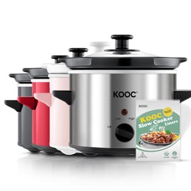 KOOC Small Slow Cooker, 2 Quart, Free Liners Included for Easy Clean-up, Upgraded Ceramic Pot, Adjustable Temp, Nutrient Loss Reduction, Stainless Steel, Silver, Round