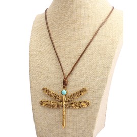 Jeniiahua Long Women Necklace Cord Necklace with Pendant Gold Dragonfly String Chokers Boho Style Jewelry Brown Leather Necklace