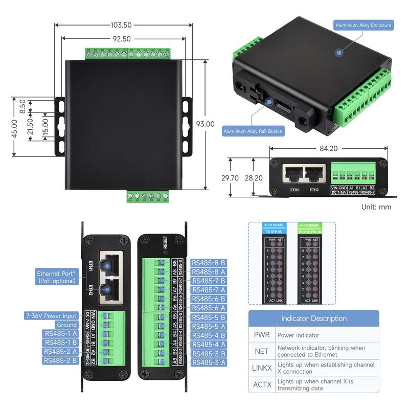 Waveshare 8-Channel RS485 to RJ45 Ethernet Serial Server, Independent Operation,