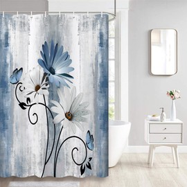 VeiVian Rustic Farmhouse Shower Curtain, Farm Blue Daisy Floral Flowers and Butterfly on Country Wooden Shower Curtain for Bathroom, Turquoise Blue Bathroom Shower Curtains with 6PCS Hooks, 36X70IN