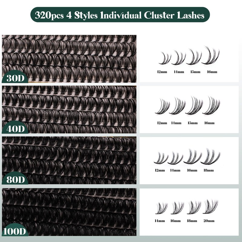 Lash Clusters 320PCS 12-20MM 30D+40D+80D+100D DIY Eyelash Extensions Kit Fluffy