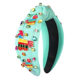 NVENF Mexican Headband for Women Cinco De Mayo Fiesta Pianata Chili Sombrero Headband Rhinestone Crystal Jeweled Wide Top Knot Hairband Mexican Hair Accessories Gifts (Pinata C-Blue)