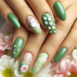 Easter Press on Nails Medium Almond Fake Nails Green Acrylic False Nails with Rabbit Easter Egg Designs Glue on Nails Cute Floral Stick on Nails Reusable False Nails for Women Girls 24Pcs