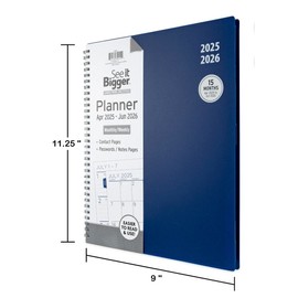 PlanAhead See IT Bigger April 2025 - June 2026 Monthly/Weekly Large Planner 8.5" x 11"and SUHEYLA Twin Fluresten Pen (Navy)