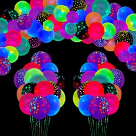 109 Pack UV Neon Balloons Light Up Balloons Glow in The Dark Balloons Blacklight Reactive Polka Dot Latex Balloons Black Lights Reactive Fluorescent Stars Balloons Neon Party Supplies Glow Party Decor