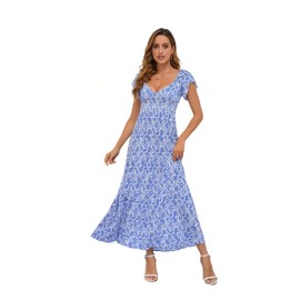 DUKAKII Womens Summer Dress Boho Floral Dress Sleeveless Ruffle Deep V Neck Cotton A Line Maxi Dresses Blue