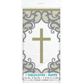 Unique Fancy Gold Cross Rectangular Plastic Table Cover - 54" x 84" (1 Pc.) - Elegant, Disposable & Waterproof Party Essential for Religious Events and Any Occasions