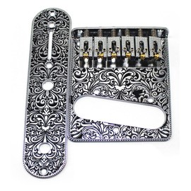 TUOREN Set of Carved Pattern 6 String Roller Saddle Bridge Plate 3 Way Switch Control Plate Compatible with Tele Telecaster Style Electric Guitar (Silver)
