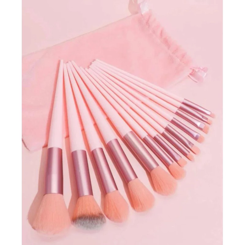 Set Brochas De Maquillaje 13 Pzs Profesional+bolsa Brocha Color Rosa
