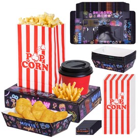 Nexhyp 48PCS Movie Night Accessories Snack Tray Set - Red Popcorn Boxes Bags, Reusable Cardboard Trays, Movie Ticket Cards for Cinema Themed Parties