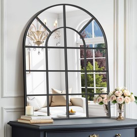 Koonmi Black Arched Window Mirror, 40"x30" Pane Mirrors, Farmhouse Decorative Grid Mirrors for Bathroom, Living Room, Bedroom, Entryway, Vanity, Fireplace, Grid Mirror Wall Decor