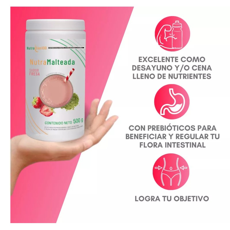 NutraSien100 Malteada Nutrasien100 Sin Azúcar Fibra 500g Sabor Fresa