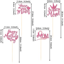 12 PCS Happy Mother's Day Centerpiece Sticks Double Sided Glitter Love Super Mom Best Mom Centerpieces for Happy Mother's Day Theme Table Flower Decorations Women Birthday Party Supplies Pink