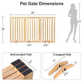 36" Height Extra Tall Freestanding Pet Gate, Solid Wood Folding Safety Fence Wooden Dog Gate with 2 PCs Support Feet Ideal for Stairs, Doorways, Halls, Kitchens, Heavy Duty Gates, 3 Panels, Oak