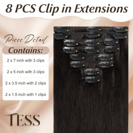 TESS Clip in Hair Extensions Real Human Hair Black Remy Seamless 8 Pieces Straight for Women/Girls (#1B Natural Black, 18 Inch 70g)