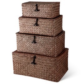 Set of 4 Seagrass Basket with Lids Rattan Wicker Storage Basket Handwoven Decorative Storage Boxes with Lids Multipurpose Woven Basket Bins for Shelf Closet (Coffee)