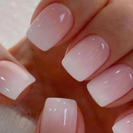Acrylic Press on Nails Short Square Fake Nails White Ombre Glue on Nails Short False Nails with Gloss Designs Nails Press on Artificial Nails Stick on Nails for Women 24Pcs