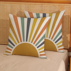 DAFENA Summer Outdoor Pillow Covers 18x18 Inch 2 Pcs Boho Mustard Yellow Sunshine Cute Decor Throw Pillows Abstract Sun Farmhouse Holiday Decoration Pillowcase Linen Cushion Cover for Couch Sofa Bed