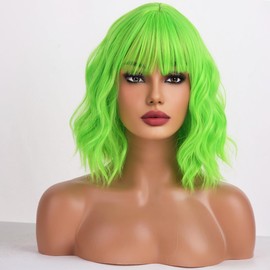 WTHCOS Neon Green Wig Short Bob Wig Short Green Wigs for Women Lime Green Wig Curly Wavy Wig with Bangs Heat Resistant Synthetic Hair Wigs for Daily Use Cosplay Wig With Wig Cap