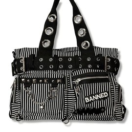 Convertible Belt Shoulder Bags with Grommets:_White Pinstripe Belt Shoulder Bag with Patch