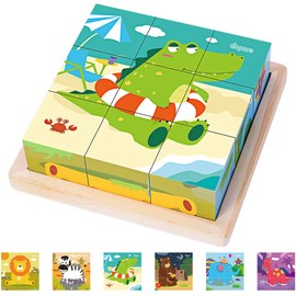 Japace Cube Puzzle, 3D Picture Cube Puzzle Games 6 in 1 Animal Motifs Wooden Puzzle for Children from 1 2 3 4 Years, Montessori Educational Toy Gift for Boys and Girls