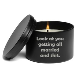 Scented Candle Gift 8oz with Lid Look at You Getting All Married Funny Engagement Wedding Bride Bridal Shower (Vanilla - Black)