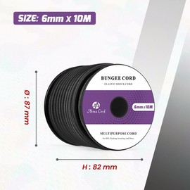 Abma Cord Bungee Cord 6mm 10M Elastic Shock Cord 100% Stretch Elastic Bungee Rope for Tarpaulin, Backpack, Tent Pole, Kayak - Black