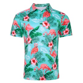 uideazone Funny Polo Shirts for Mens Dry Fit Short Sleeve Hawaiian Flamingo Flower Printed Golf Shirts Performance Moisture Wicking Casual T Shirts
