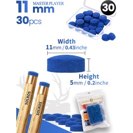 Billiard Pool Cue Tips - 11mm Blue Pool Cue Stick Tips Replacement Kit for Billiard Pool Cues Head Repair Snooker and Stick, Cue Tips with Storage Box and Glue - SOLROS