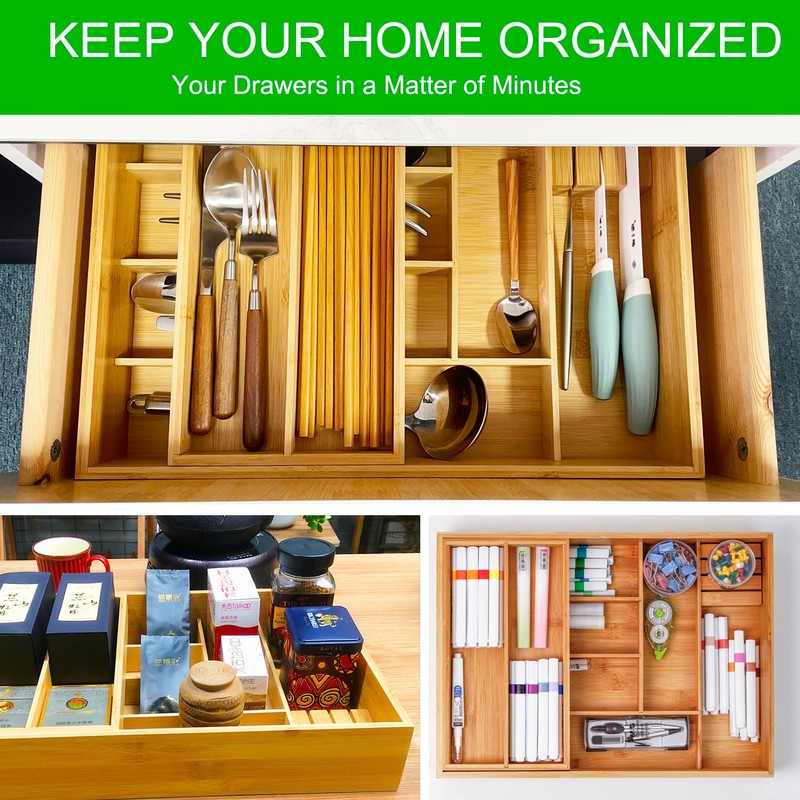 COIWAI Double Layer Bamboo Kitchen Drawer Organizer Cutlery Utensil Silverware