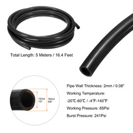 sourcing map Pneumatic Tubing Pipe Pu Hose 16mm OD x 12mm ID 5 Meters(16.4 FT) Air Compressor PU Polyurethane Line Hose Tube for Air Compressor Water Fluid Transfer, Black