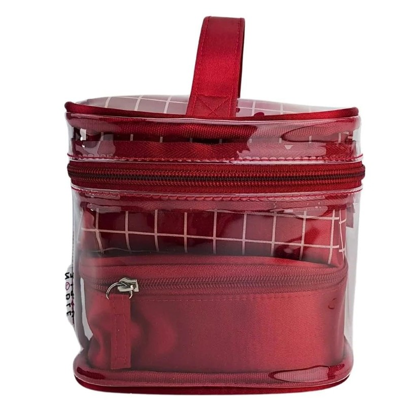 Elegant 4 Piece Cosmetic Bag Set Red Clear Box Checked