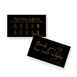 Boutique Marketing Body Contouring Loyalty Discount Card | 50 Pack | 2x3.5” inch Business Cards | Black with Non-Metallic Gold Color Design