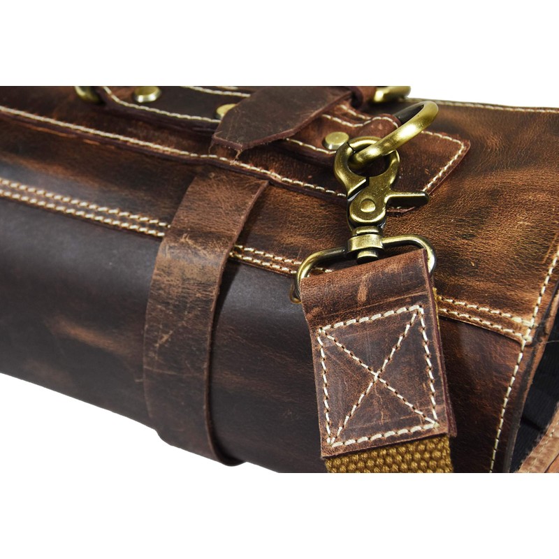 Leather Knife Roll Storage Bag, Elastic and Expandable 10 Pockets,