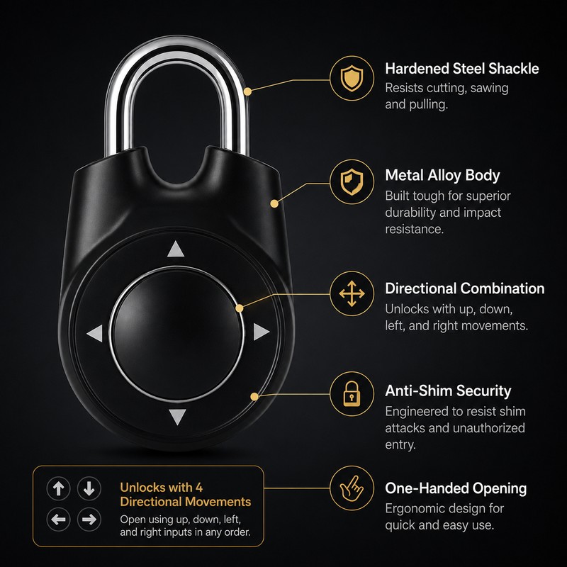 Directional Combination Padlock for Lockers – Resettable Keyless Metal Lock